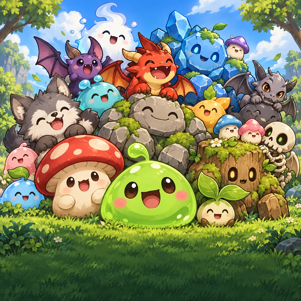 A pile of smiling monsters: a green slime, a red-capped mushroom, a wolf pup, a red dragon and friends on a sunny hillside