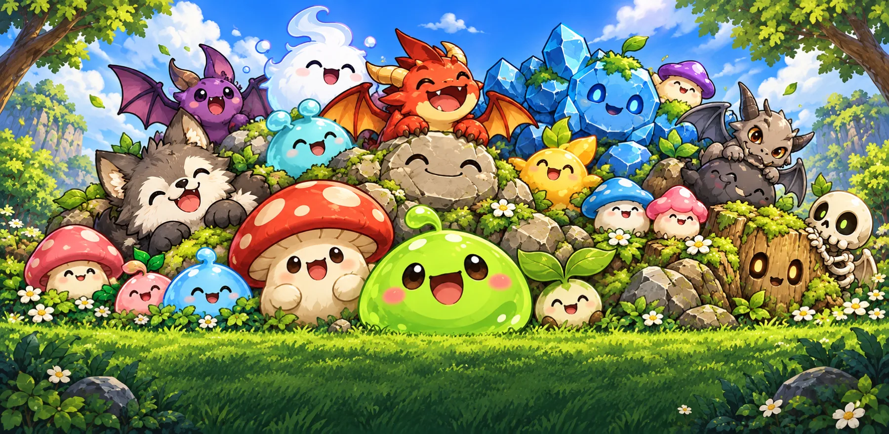 The monsters of Evergreen gathered in a meadow