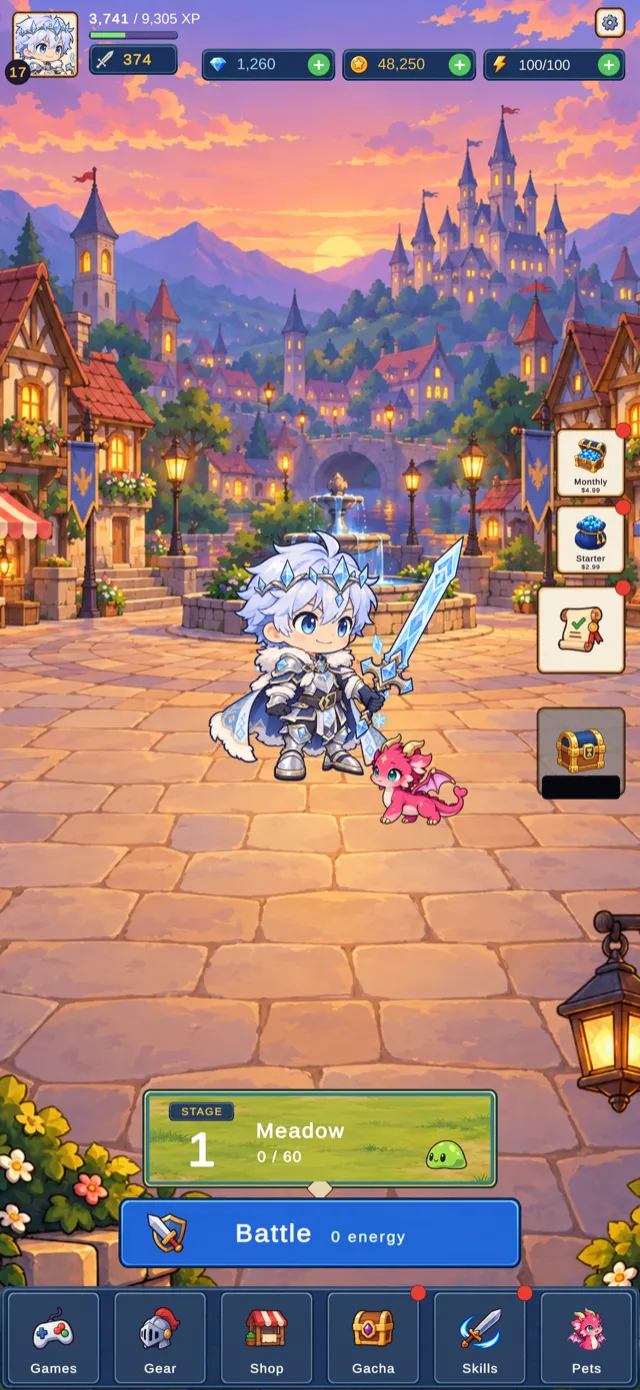 The hub: hero in the Winter Lord outfit beside a pet, with the stage card and Battle button