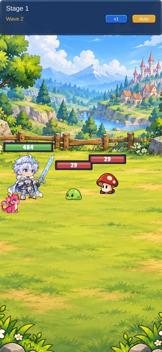 A stage fight mid-wave against a slime and a mushroom