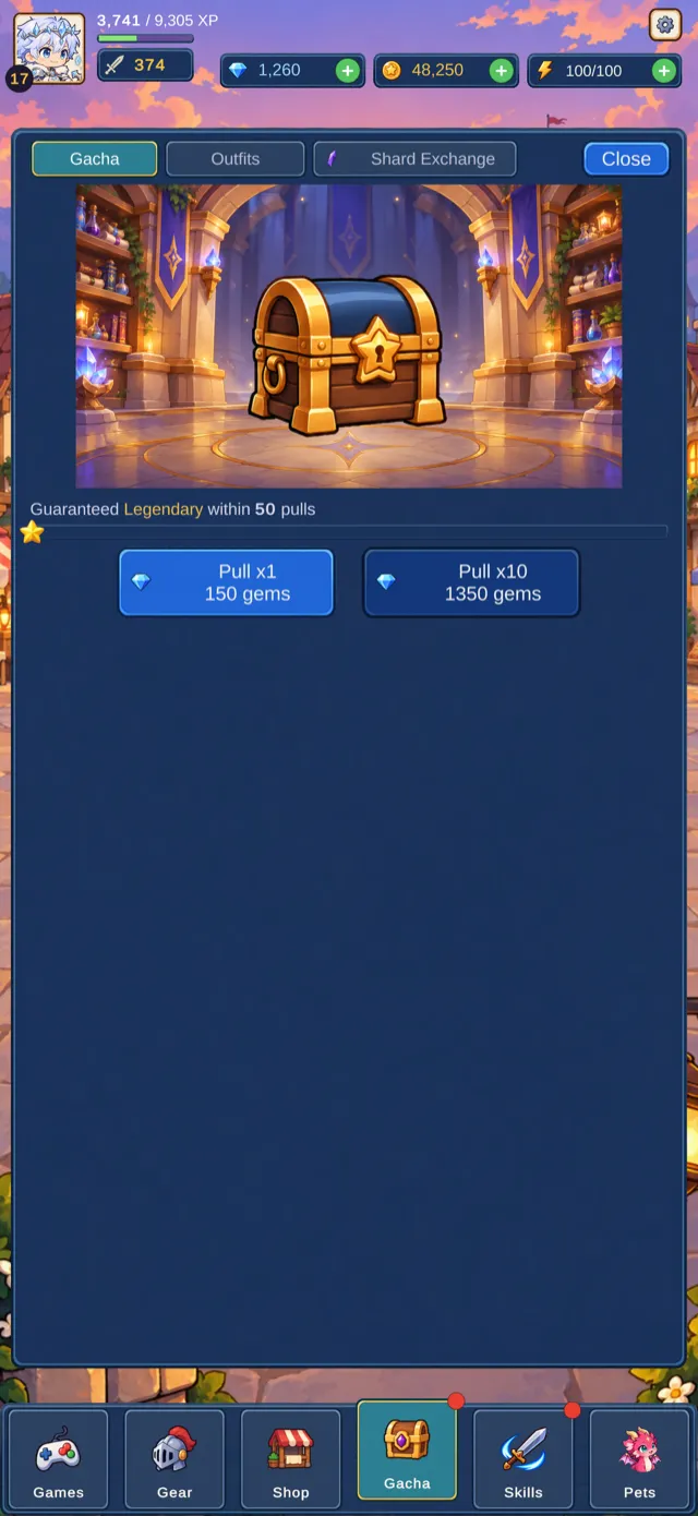 The gacha banner with a glowing chest and a 50-pull Legendary guarantee