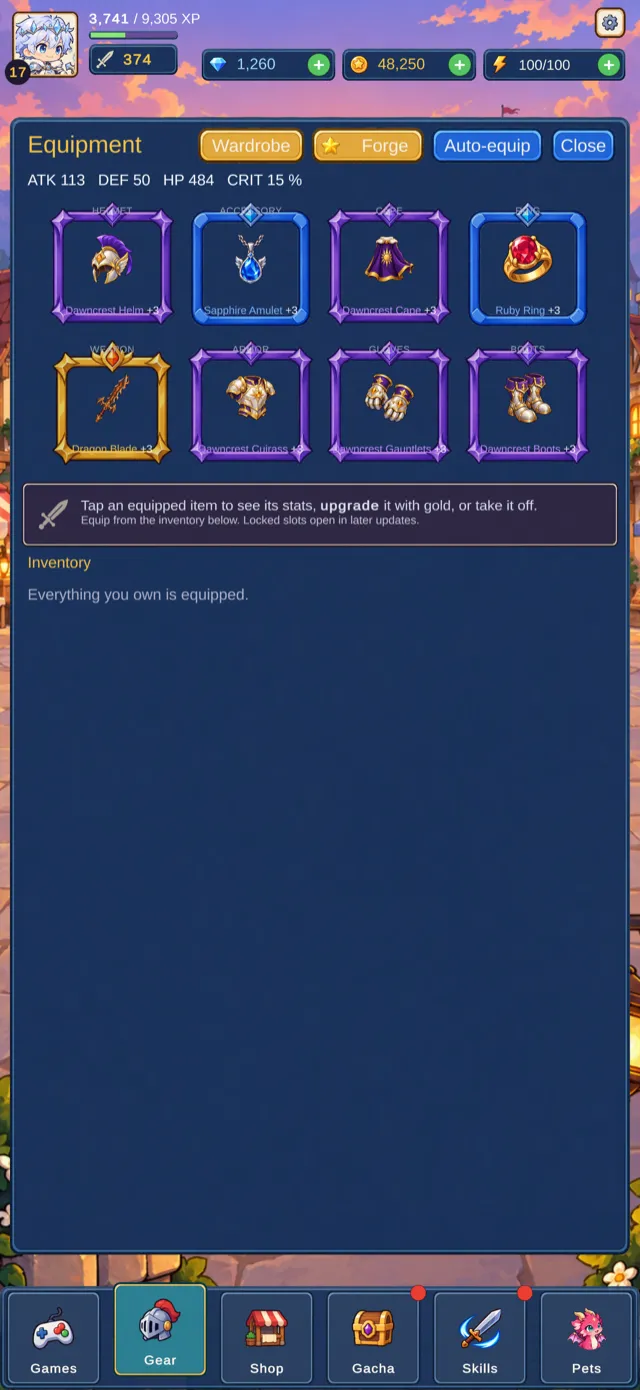 A full equipment loadout with rarity-coloured slots