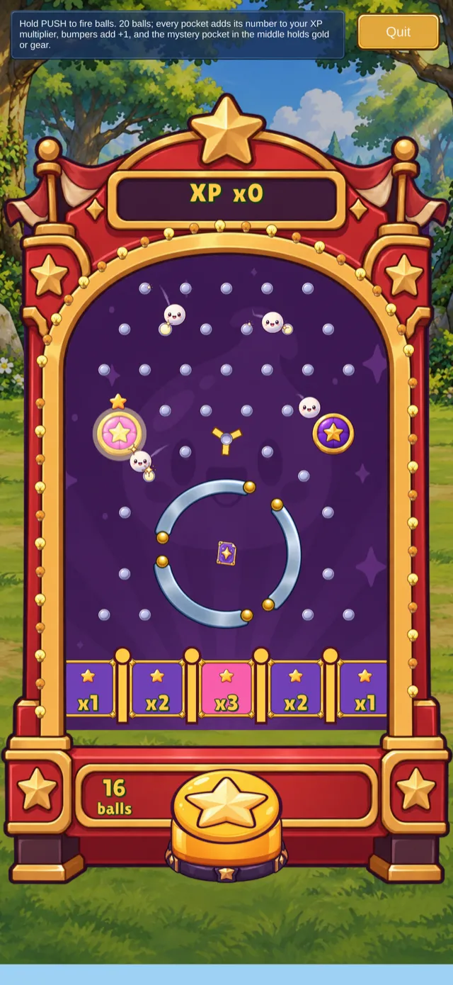The Plinko cabinet mid-run with balls bouncing between pegs