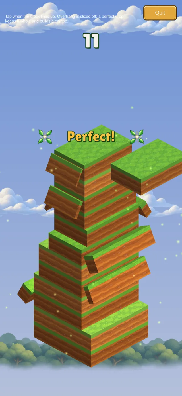 Block Stack showing a Perfect drop on a tall wooden tower
